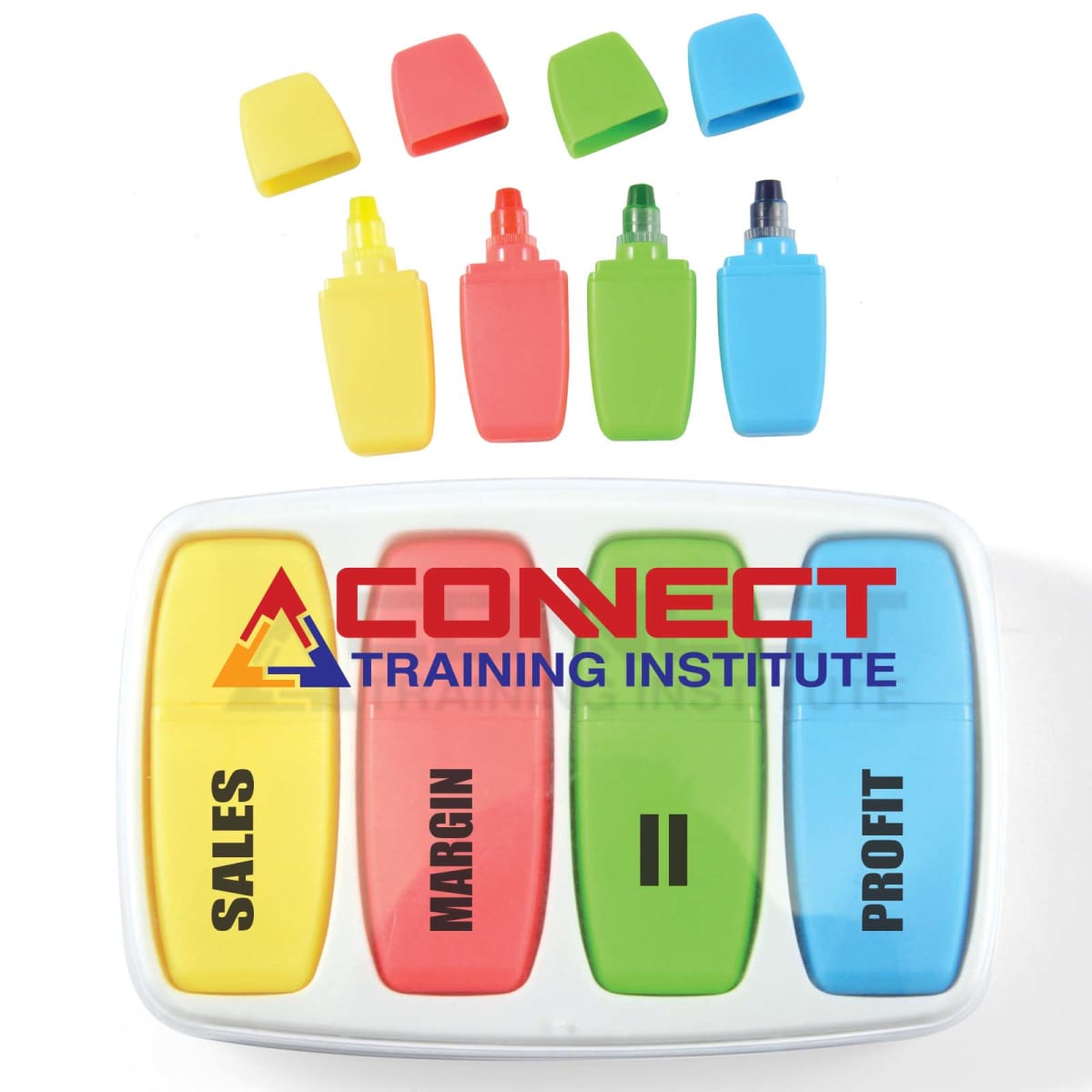 Colorful highlighters labeled Sales, Margin, II, Profit with Connect Training Institute logo.