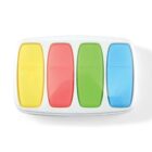 A set of four colorful, rectangular erasers: yellow, red, green, and blue.