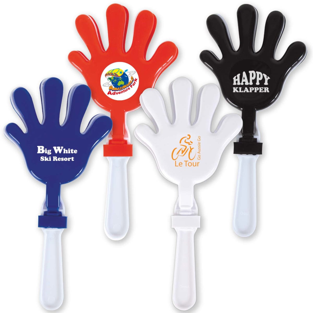 Four colorful plastic hand clappers with various logos and text on the palms.