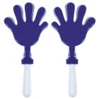 Two blue plastic hand clappers with white handles.