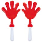 Two red hand clappers with white handles on a white background.