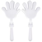 Two white plastic hand clappers with handles, positioned side by side.
