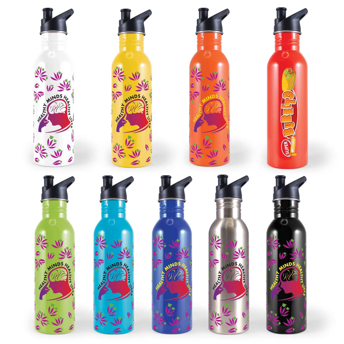 Rows of colorful reusable water bottles with assorted patterns and logos.