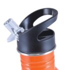 Orange bottle with a black cap and a transparent spout.