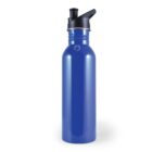 Blue stainless steel water bottle with black flip-top lid, standing upright.