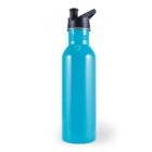 Blue metal water bottle with a black spout lid on a white background.