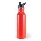 Red reusable water bottle with a black spout lid, standing upright on a white background.