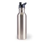 Stainless steel water bottle with a black plastic lid and spout.