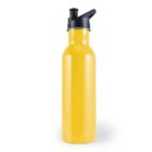 Yellow metal water bottle with black spout lid on a white background.