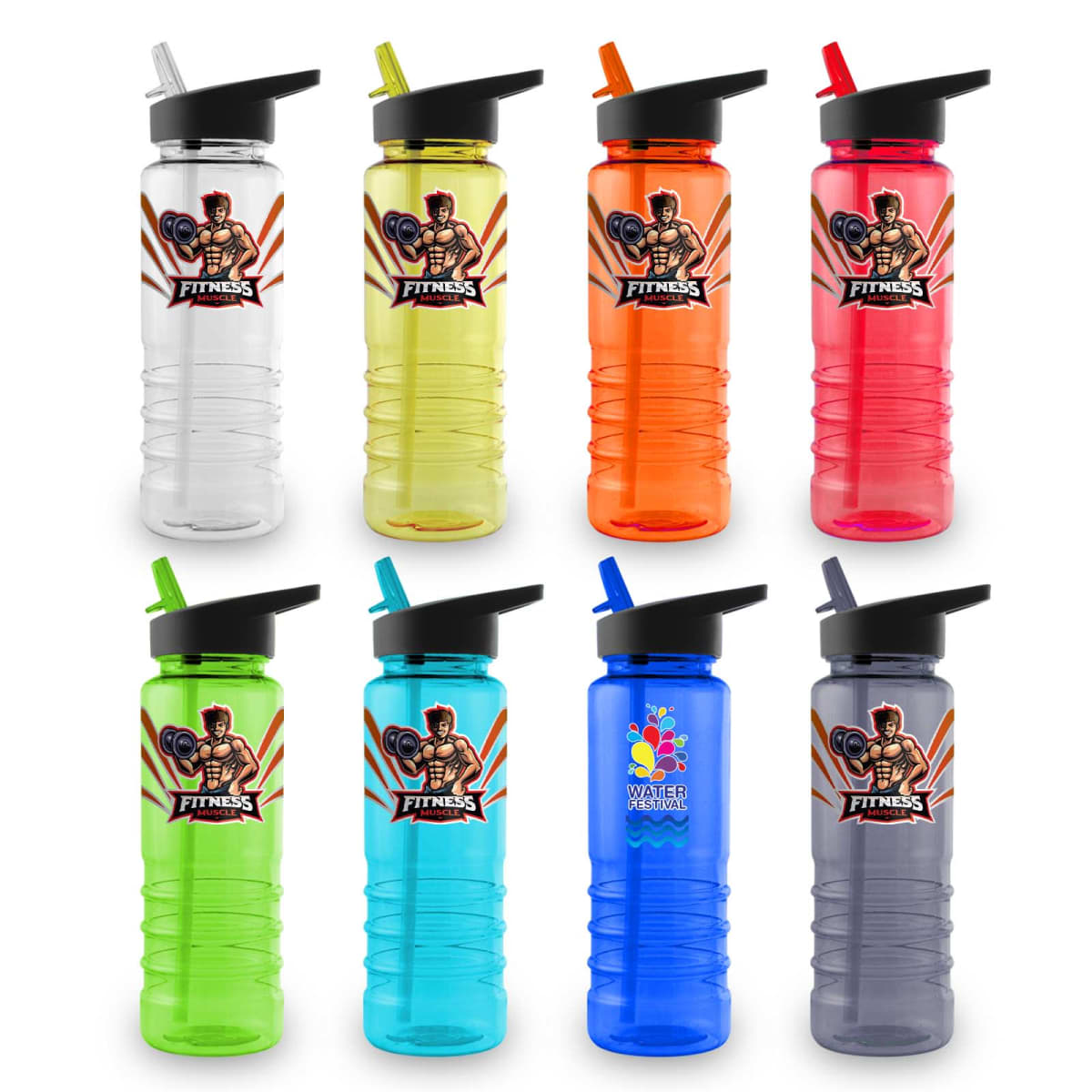 Eight colorful water bottles with fitness and wellness logos.