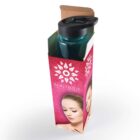 Blue water bottle in a pink box with a geometric design and a womans face.