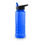 Blue plastic water bottle with a black flip-top lid and straw.