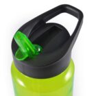 Green water bottle with black lid and built-in straw on a white background.