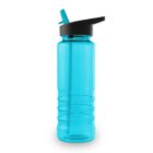 Blue plastic water bottle with a black flip lid and straw.