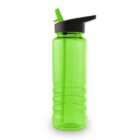 Green plastic water bottle with a black lid and built-in straw.
