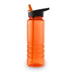 Orange water bottle with a black cap and a built-in straw.