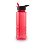 Red plastic water bottle with a black flip-top lid and built-in straw.
