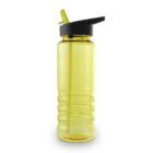 Yellow water bottle with a black flip lid and straw on a white background.