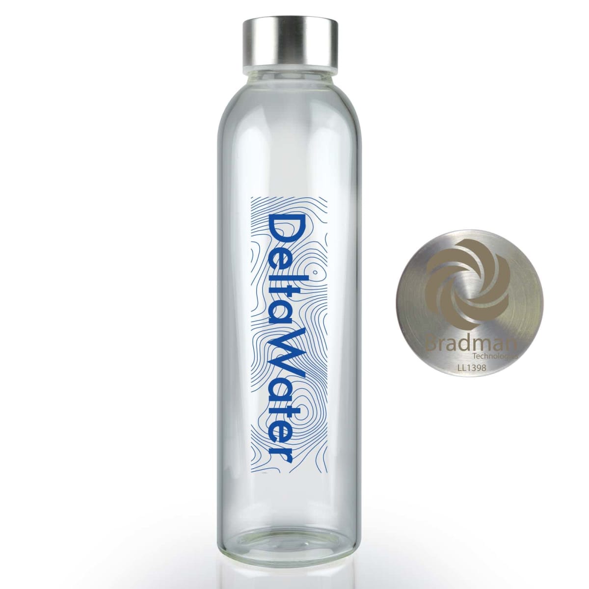 Clear water bottle with DeltaWater text and a metallic circular disc nearby.