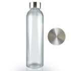 Clear glass bottle with a silver metal cap next to a top view of the cap.