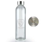 Clear bottle with Falcon logo and silver cap engraved with the same logo.