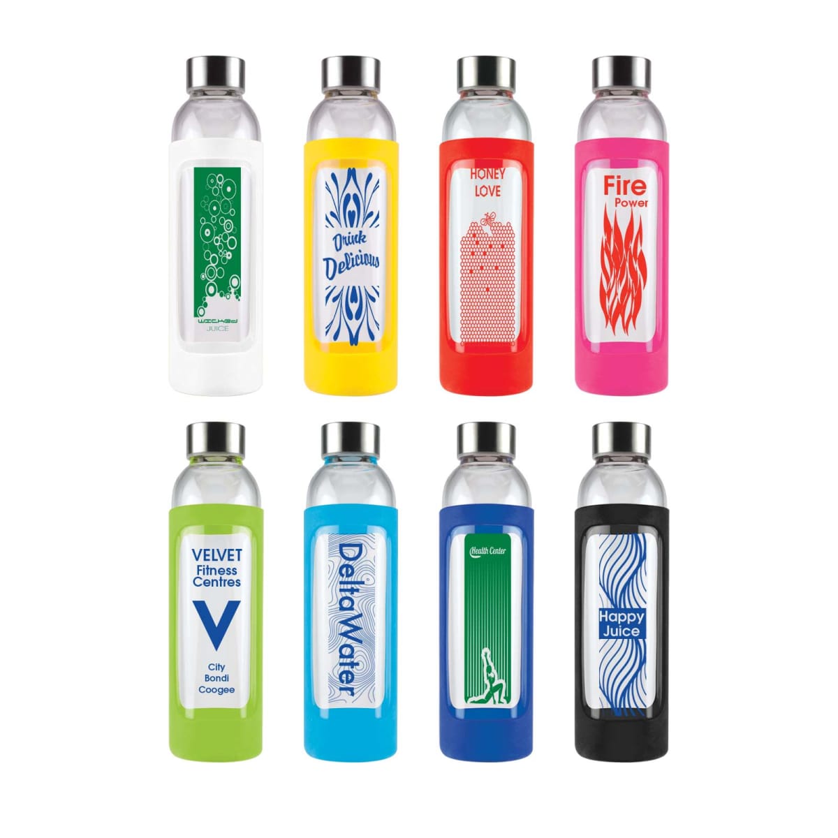A set of nine colorful bottled drinks with various designs and labels.