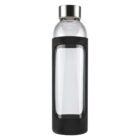 Clear bottle with a metal cap and black silicone grip on a white background.