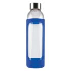 Clear glass water bottle with a blue silicone sleeve and a silver cap.