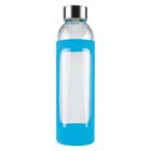 Clear water bottle with a blue silicone sleeve and a silver cap.