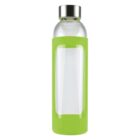 Clear glass bottle with a green silicone sleeve and silver cap.