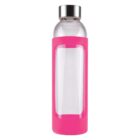 Clear glass bottle with pink silicone sleeve and silver cap.