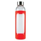 Clear glass water bottle with red silicone sleeve and silver cap.