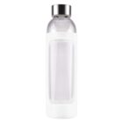 Clear glass bottle with a silver cap and white silicone sleeve.