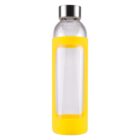 Clear glass water bottle with a yellow silicone sleeve and a metal cap.