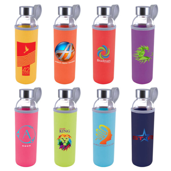 Eight colorful bottles with branded sleeve designs on display.