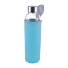 Glass bottle with a metal cap and a blue sleeve, featuring a gray carrying strap.