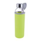 Clear water bottle in a light green sleeve with a strap.