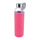 Clear water bottle with a silver cap, in a pink sleeve with a gray handle.