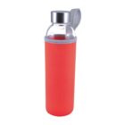 Red glass water bottle with a silver cap and a matching carrying strap.