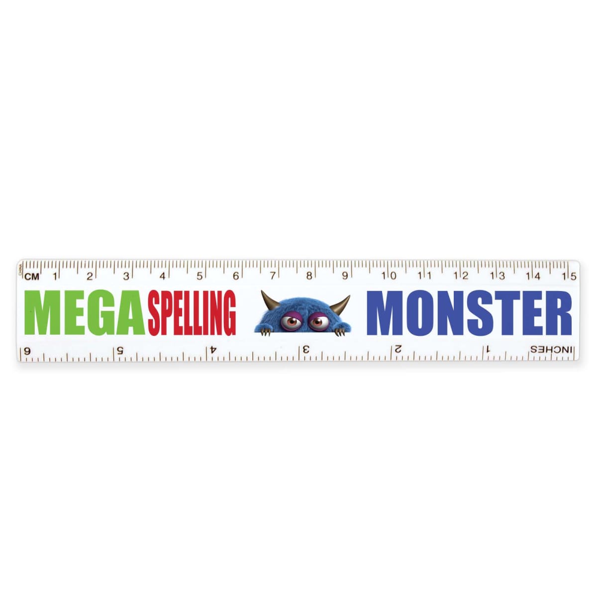 Ruler featuring the words Mega Spelling Monster and a cartoon monster face.