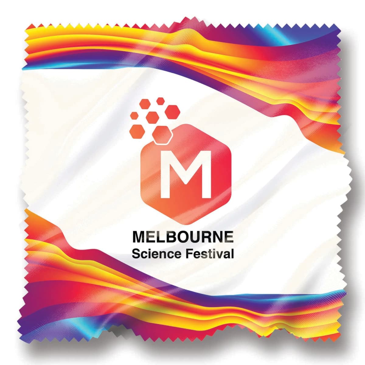 Colorful Melbourne Science Festival promo design with a large M logo and wavy patterns.