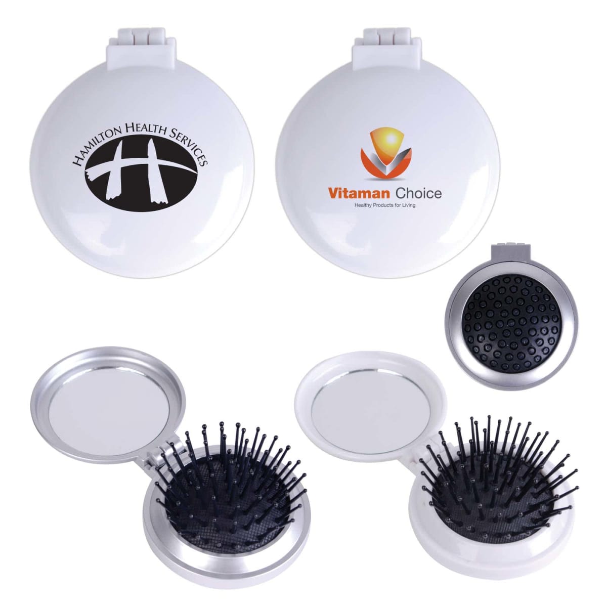 Compact mirror with logo and pop-out hairbrush, shown open and closed.