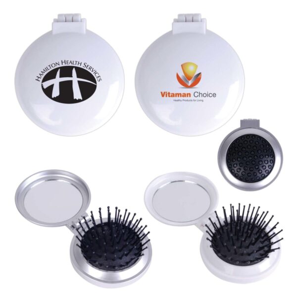 Compact foldable hairbrush and mirror set with two logo designs on the covers.