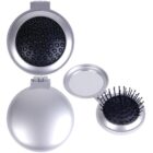 Compact silver hairbrush and mirror, shown open and closed, with black bristles.