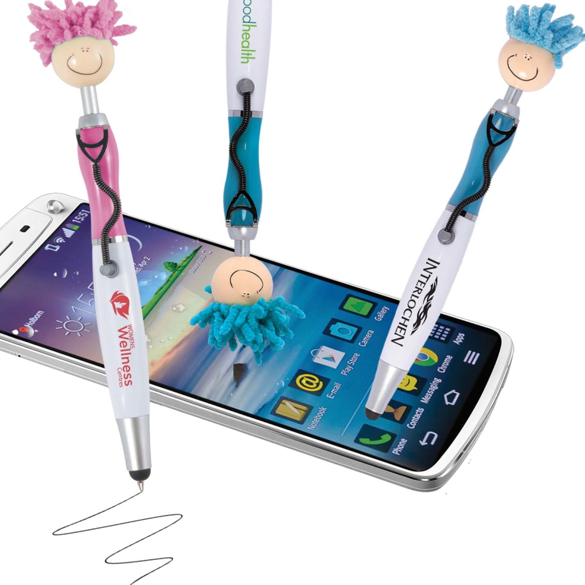 Three novelty pens with smiley faces and colorful hair hovering above a smartphone screen.