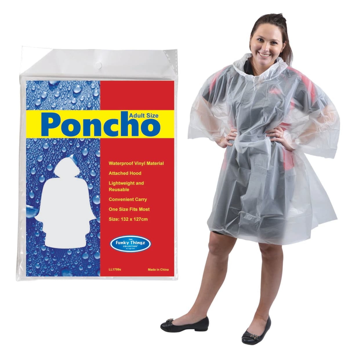 Person wearing a clear poncho, with poncho packaging displayed beside them.