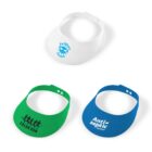 Three colorful visors with different prints: white, green, and blue.