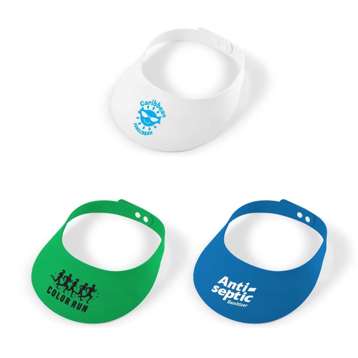 Three colorful visors with different prints: white, green, and blue.