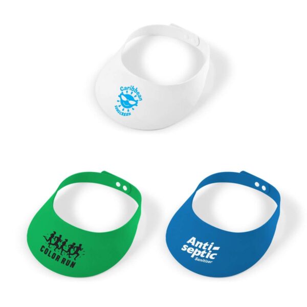 Three colorful, logo-print sun visors: white, green, and blue.