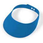 Blue sun visor with adjustable strap and button closure.